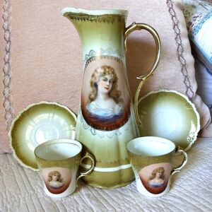 Antique Austrian Imperial China Porcelain Portrait Pitcher, Cups & Saucers Set